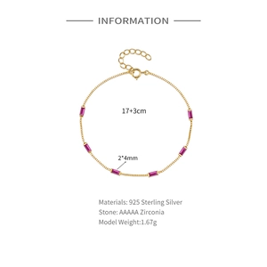 Detailed view of gold 925 sterling silver chain with six purple zircon stones and dimensions