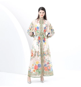 Detail of vintage floral print maxi dress with stand collar and puff sleeves