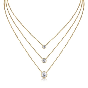 Three-layer S925 silver layered necklace with round moissanite pendants in gold finish