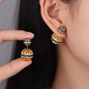 Fashionable golden double ball earrings with multicolored cubic zirconia micro-pave crystals