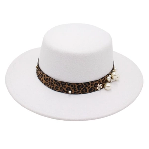 Elegant white wool felt boater hat featuring leopard band with pearls and floral details