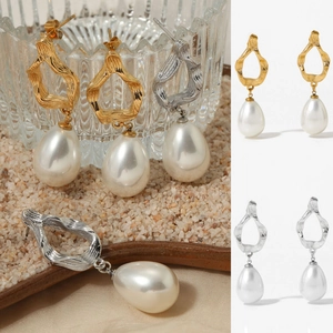 Stainless Steel Water Drop Artificial Pearl Dangle Earrings Irregular Metal Texture Waterproof Baroque Vintage Chic Jewelry For Women