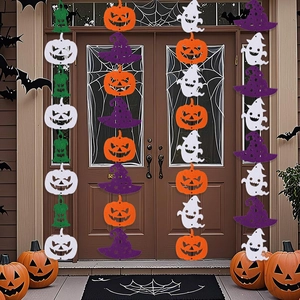 Halloween door decor featuring non-woven pumpkin ghost and witch hat hanging garland