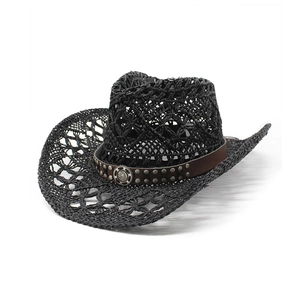 Handmade black woven straw cowboy hat with leather rivet band and floral metal emblem