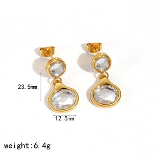 Detail view of 18k gold plated earrings with zircon dimensions 23.5mm by 12.5mm