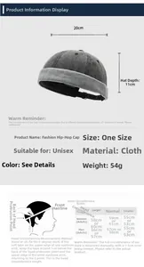 Size chart showing dimensions and head circumference for the grey cotton docker hat