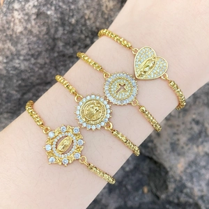 Bracelet Réglable Vierge Marie Croix Cuivre Plaqué Or Zircon Bijoux Médaille Religieuse Pour Femmes
