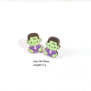 Halloween wooden Frankenstein stud earrings, 16x12mm green cartoon monster jewelry accessory
