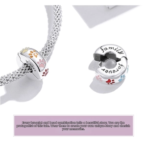 Macro shot of S925 sterling silver clip charm with colored paw prints and family engraving