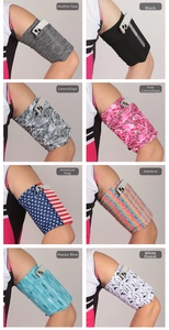 Selection of elastic running armbands featuring eight different vibrant patterns and colors