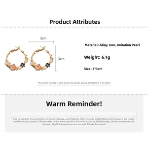 Detail showing 3cm flower hoop earrings with pink enamel petals and white pearls