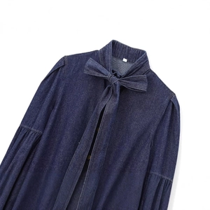 Deep blue denim shirt for women with a stylish bow tie neck and long sleeves