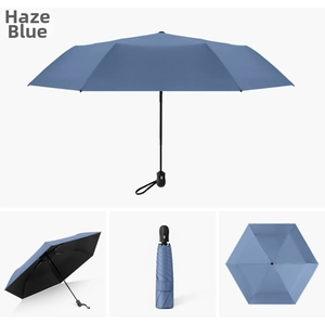 Ultralight blue folding umbrella shown in open, closed, and top-view structural angles