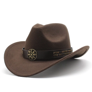 Vintage dark brown felt cowboy hat with leather band, gold flowers, and metal rivets