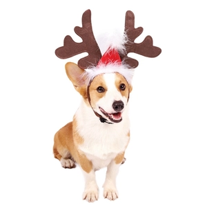 Detail of dog Christmas reindeer antlers with adjustable strap on a Corgi model