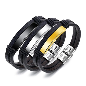 Double Layer Woven PU Leather Bracelet With Stainless Steel Magnetic Clasp Punk Geometric Wristband For Men