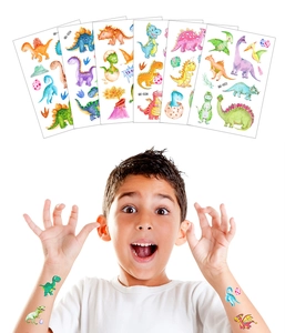 Kids temporary dinosaur tattoo stickers set with colorful glitter finish and cute patterns