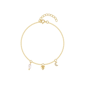 S925 silver bracelet with heart and moon charms featuring a pinkish white pearl