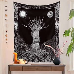 Black and white celestial tapestry featuring tree of life, sun, moon, and serpent motifs