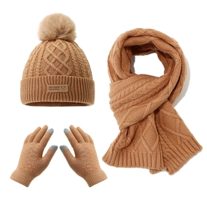 Kids winter knit hat scarf and gloves set with warm fleece lining and pompom