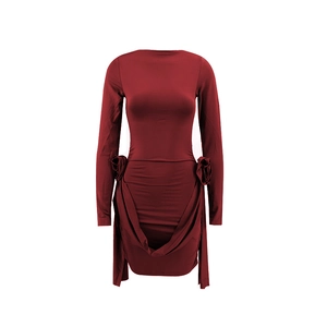Slim fit burgundy long sleeve mini dress with 3D floral accents and draped pleats