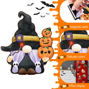 Detail showing magnetic back and vibrant colors of Halloween gnome fridge magnets