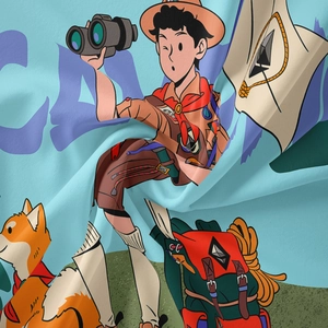 Détail d'impression numérique sur tissu montrant un garçon de camping et un chien orange