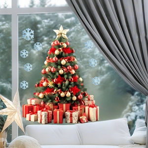 Detail of Christmas tree window clings with gift boxes and blue snowflakes decoration