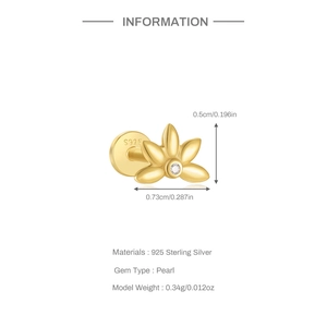 Detail showing a 925 sterling silver golden flower cartilage earring with a pearl inlay