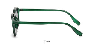 Side view detail of transparent dark green sunglasses frame with rounded temple tips