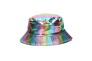 Detailed view of bucket hat with rainbow reflective metallic fabric and reinforced stitching