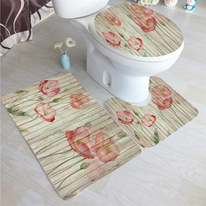 Detailed close-up of 3-piece bathroom mat set with rustic red poppy flower and wood print