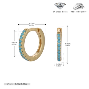 Detail view of gold S925 sterling silver hoop earrings with light blue zircon and dimensions