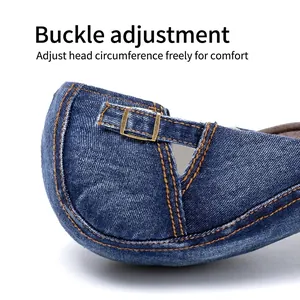 Adjustable metal buckle on dark blue denim beret with orange double stitching