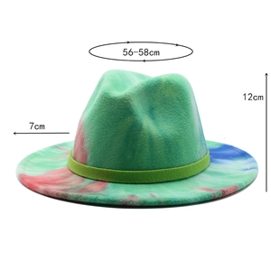 Detailed size guide for tie-dye fedora showing 56-58cm circumference and 7cm brim