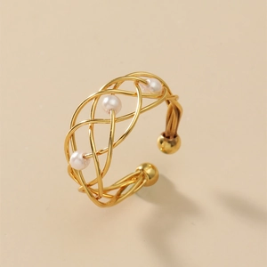 Elegant gold-plated woven open ring featuring three round pearls in a minimalist design