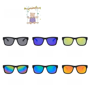 Close-up of children's UV400 sunglasses with black frames and six colorful lens coatings