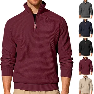 Men Quarter Zip Sweatshirt Stand Collar Pullover Ribbed Jacquard Knit Thickened Long Sleeve Casual Urban Style Fashion