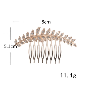 Golden leaf hair comb with rhinestones for bridal wedding hairstyle, size 8x5.1cm