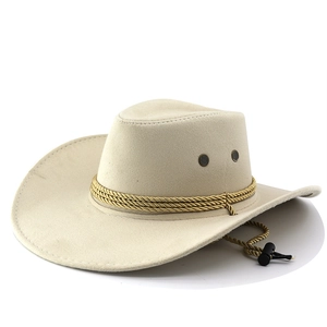 Detail view of beige wool felt fedora featuring gold braided band and adjustable strap