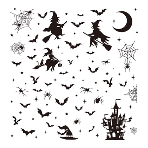 Halloween wall decals featuring black witch silhouettes, bats, and gothic castle on white background