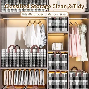 Foldable houndstooth fabric storage box with leather handle for wardrobe organization