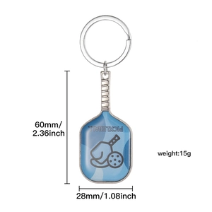 Blue pickleball paddle keychain with dimensions 60mm by 28mm and 15g weight details