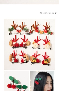 Detail view of plush reindeer antler hair clips and festive Christmas hair accessories