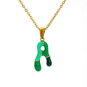 Gold plated stainless steel necklace with green enamel letter A pendant for women