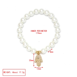 Detailed view of 8mm pearl bracelet with Evil Eye Hamsa charm and dimensions specs