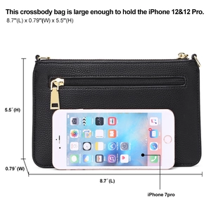 Black pebbled PU leather crossbody bag with gold hardware and size dimensions