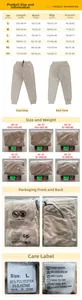 Detailed size guide and fabric care instructions for men's trendy jogger sweatpants