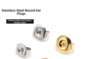 Macro detail of round stainless steel earring backs in gold and silver finishes