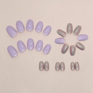 Oval taro purple solid color and aurora cat eye press-on nails set for women